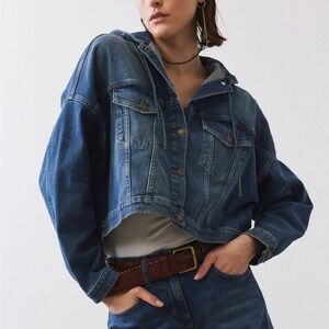 Cropped Blue Denim Jacket with Hood